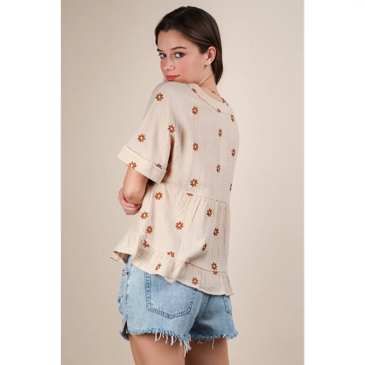 Flower Embroidered Woven Blouse Top