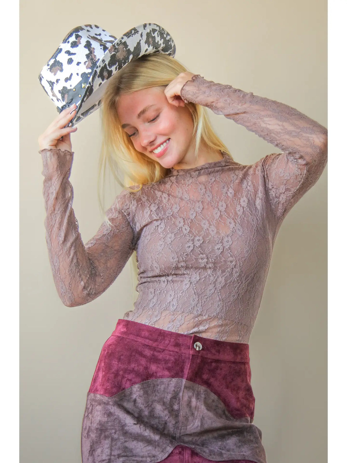 High Neck Fitted Sheer Mesh Lace Knit Top