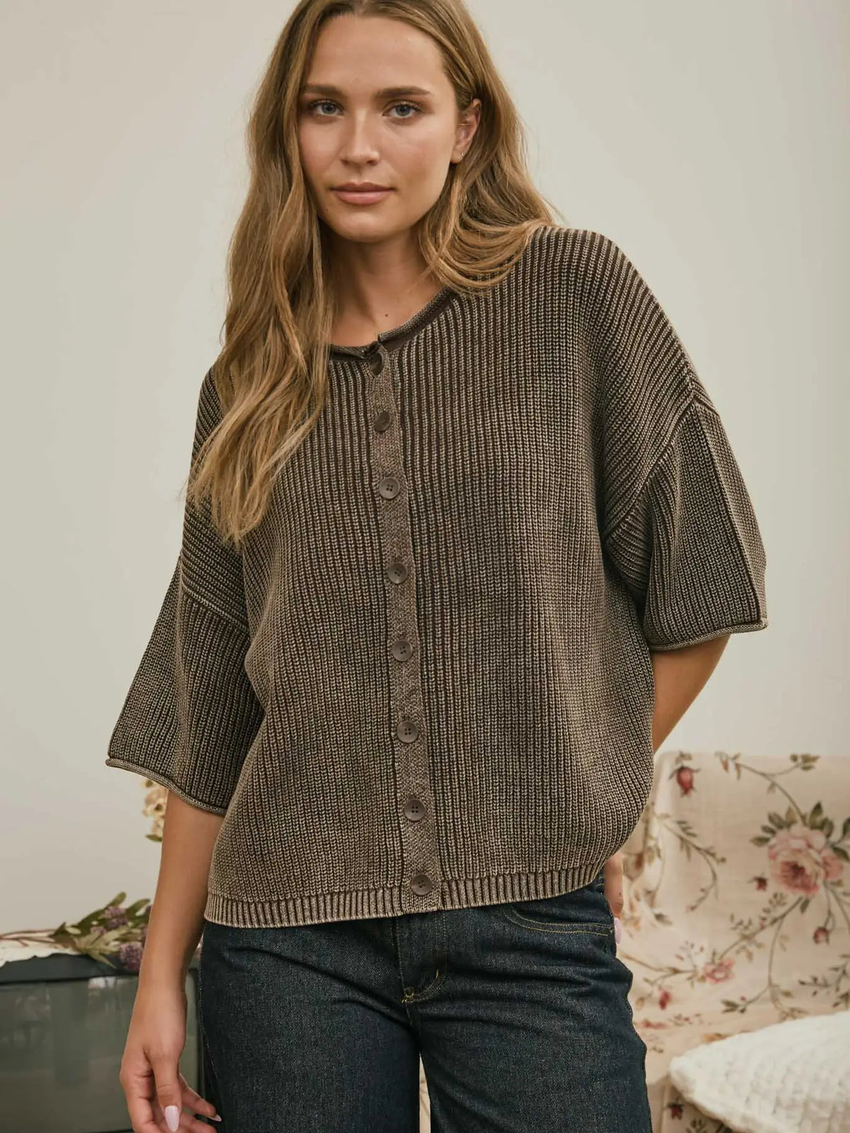Washed Ribbed Short Sleeve Rolled Edge Cardigan