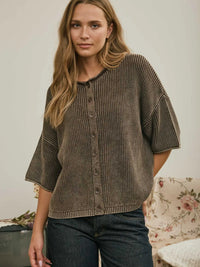 Washed Ribbed Short Sleeve Rolled Edge Cardigan