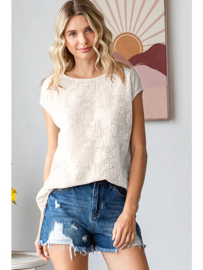 Allover Floral Semi-Sheer Lace Short Sleeve Plus Top