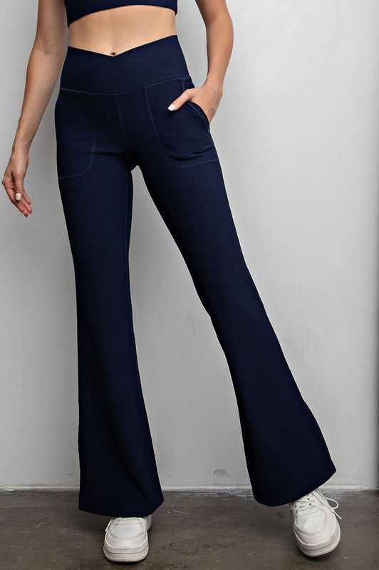 Nylon Ribbed V-Waist Flared Leggings