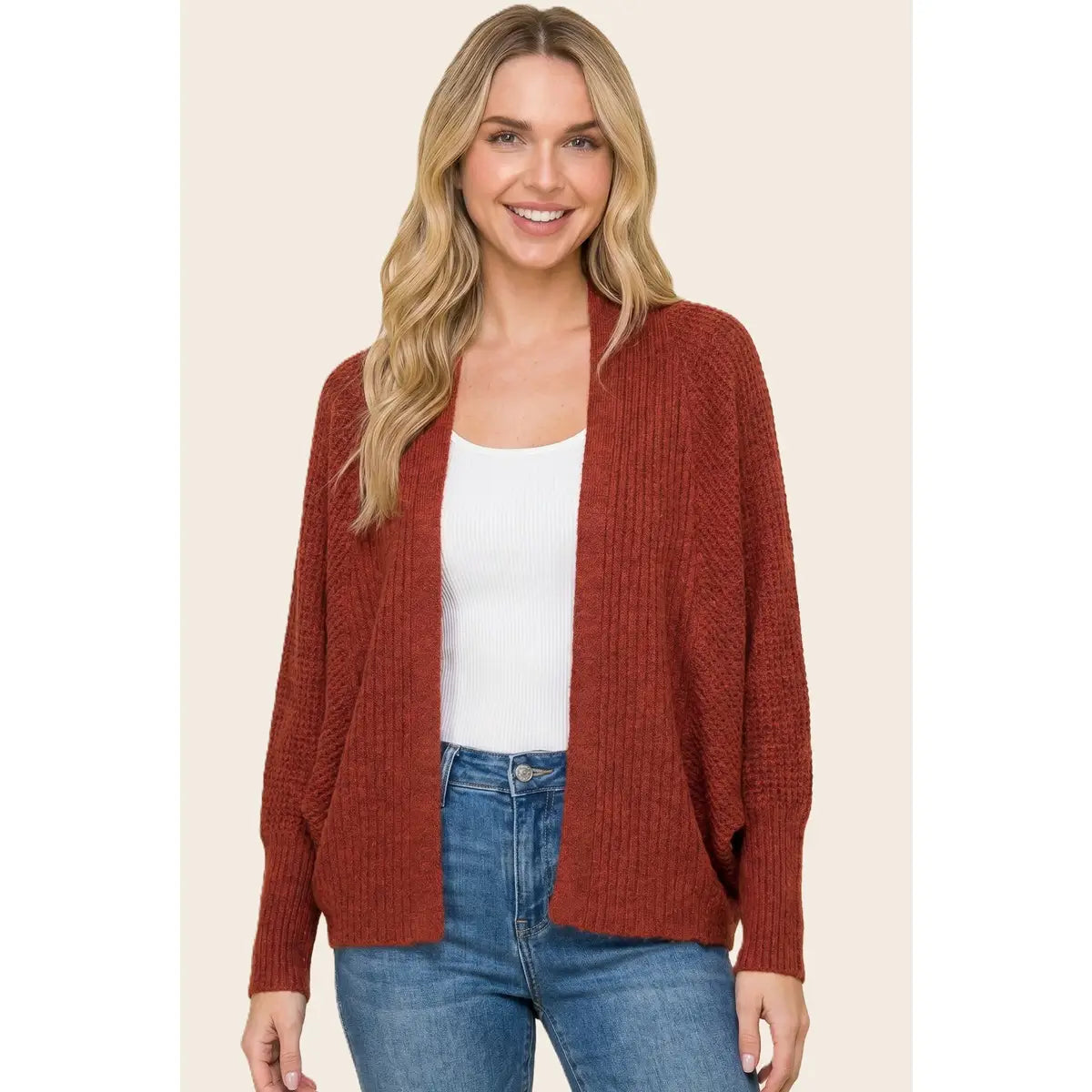 Waffle Batwing Dolman Sleeve Cardigan