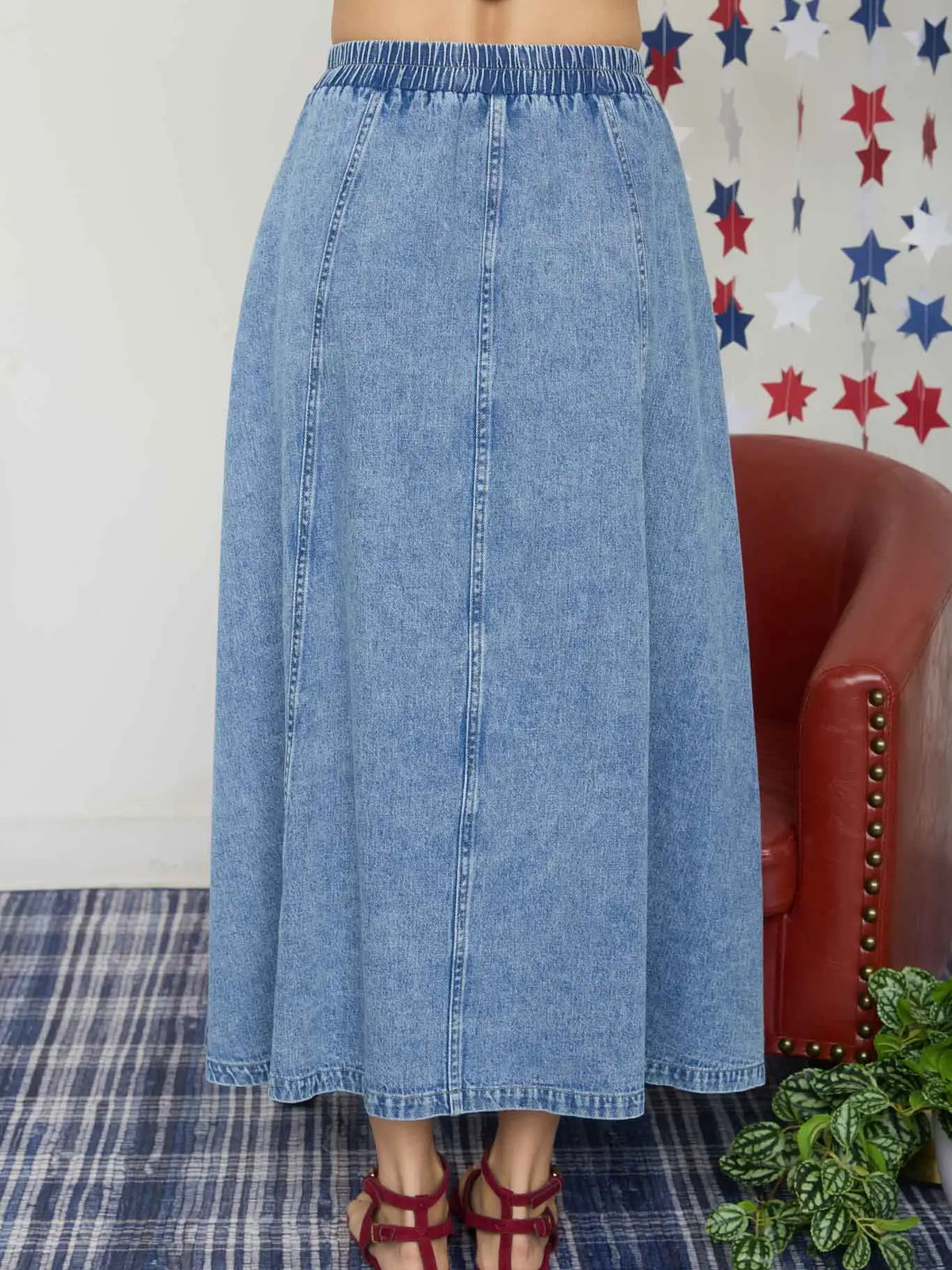 Washed Denim Elastic Waist Maxi Skirt