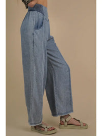 Smocking Waist Washed Chambray Wide Pants