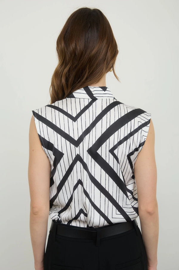 Geo Line Print Sleeveless V Neck Satin Top