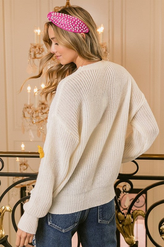Fall Yarn Stitching Letter Flower Applique Sweater