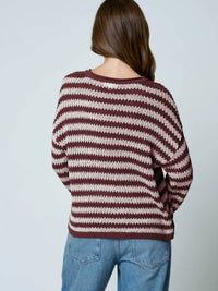 Stripe Raw Edge Split Neck Sheer Knit Sweater