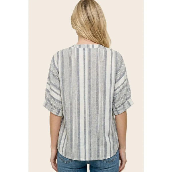 V Neck Yarn Dye Striped Shirts