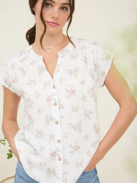 Stripe Floral Short Sleeve Button Down Top