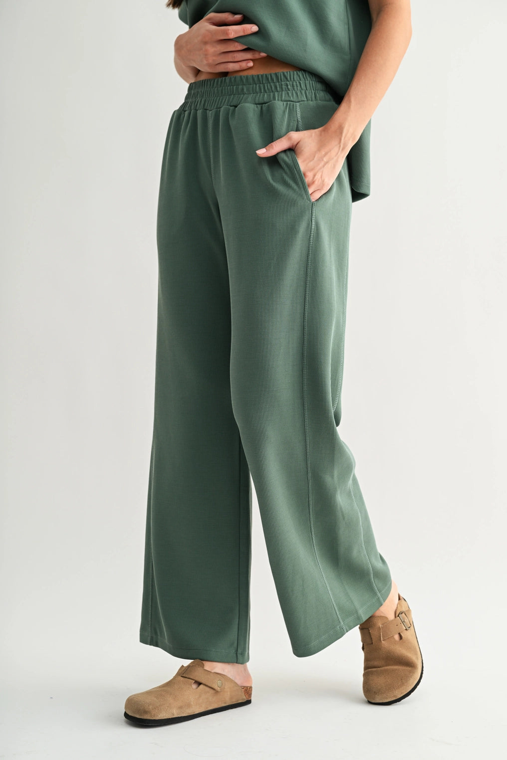Luxe Sand Wash Rib Wide-Leg Pants