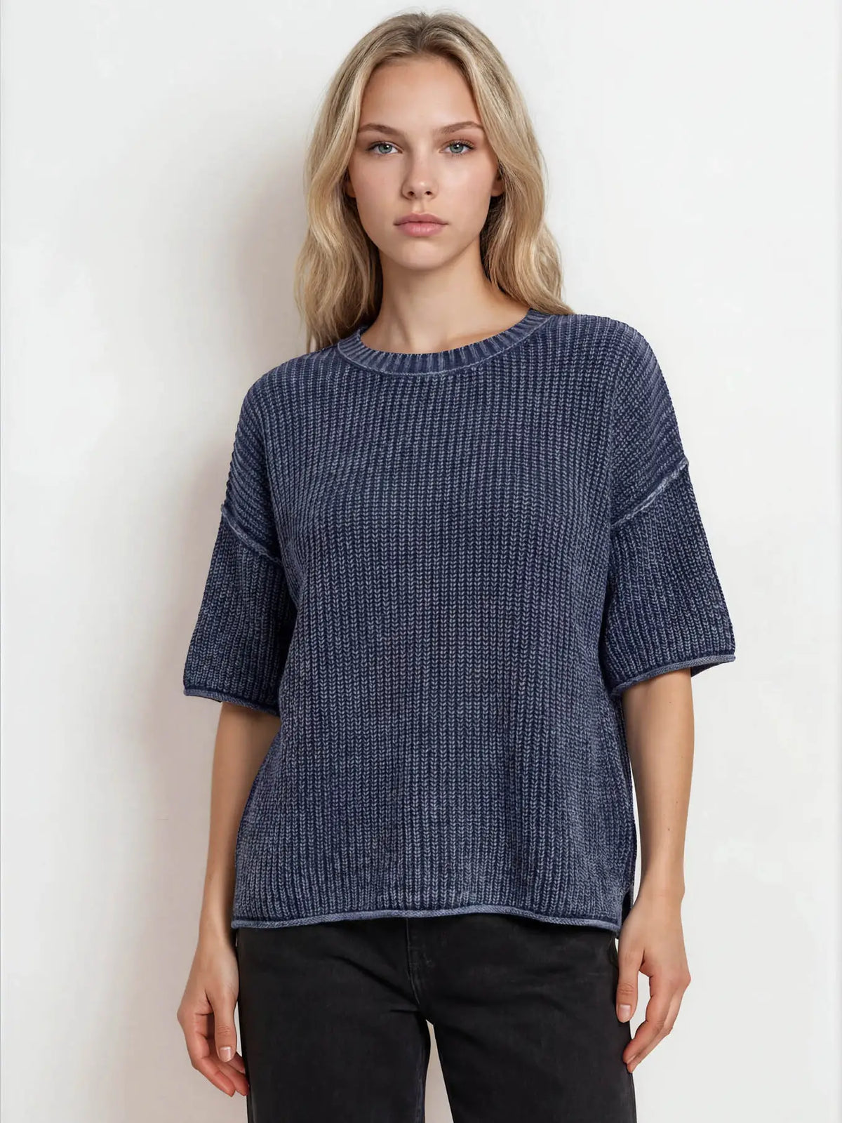 Washed Crew Neck Raw Edge Short Sleeve Sweater