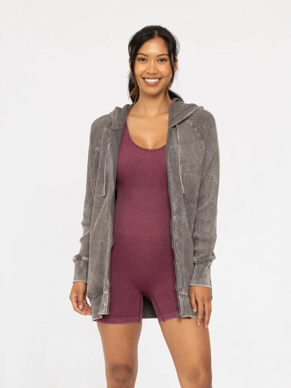 Oversized Mineral-Washed Zip-Up Hooded Jacket