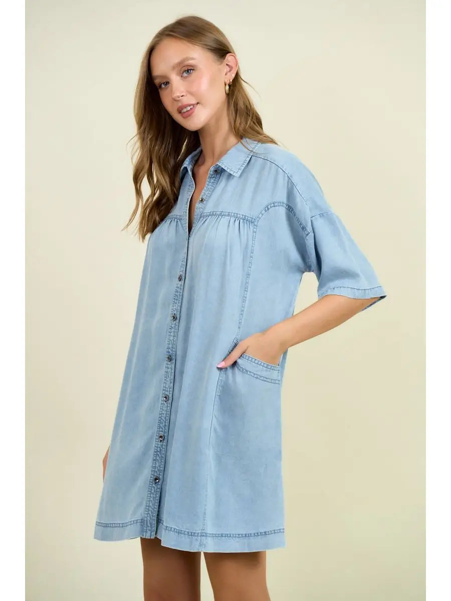 Denim Striped Pointed Yoke Seam Button Down Dress