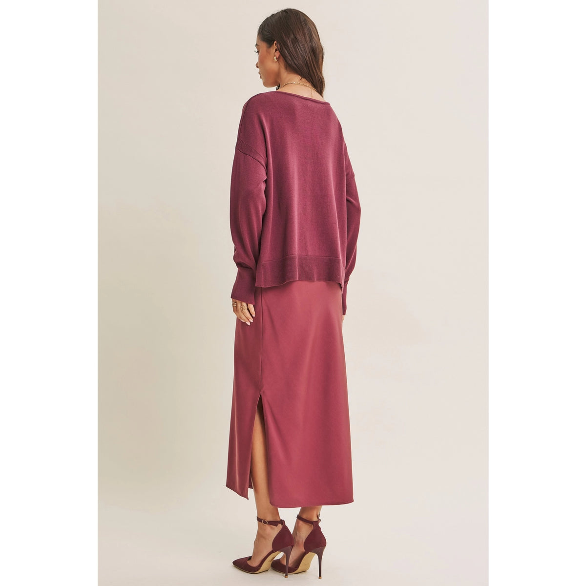 Romance Boat Neck Sweater and Satin Slip Midi Dress Set