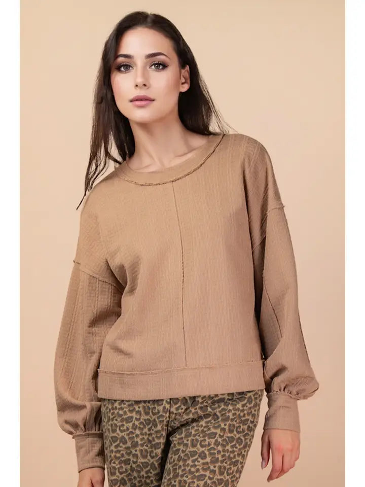 Raw Edge Detail Oversized Textured Knit Top