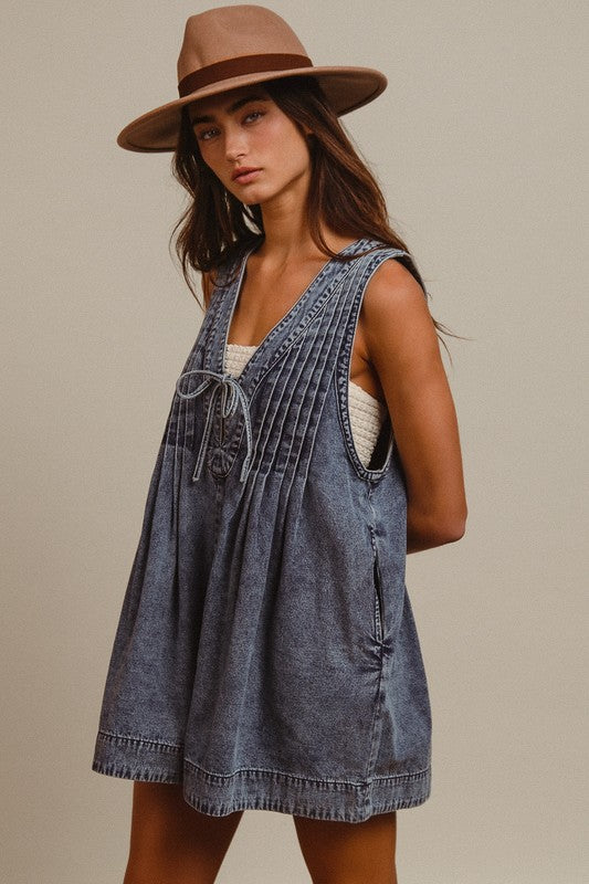Mineral Washed Pintuck Romper With Side Pocket