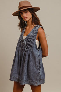 Mineral Washed Pintuck Romper With Side Pocket