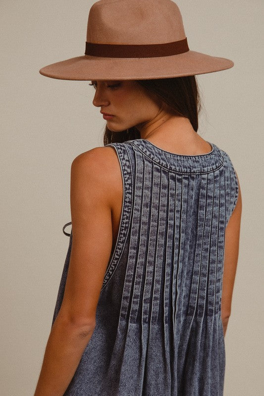 Mineral Washed Pintuck Romper With Side Pocket