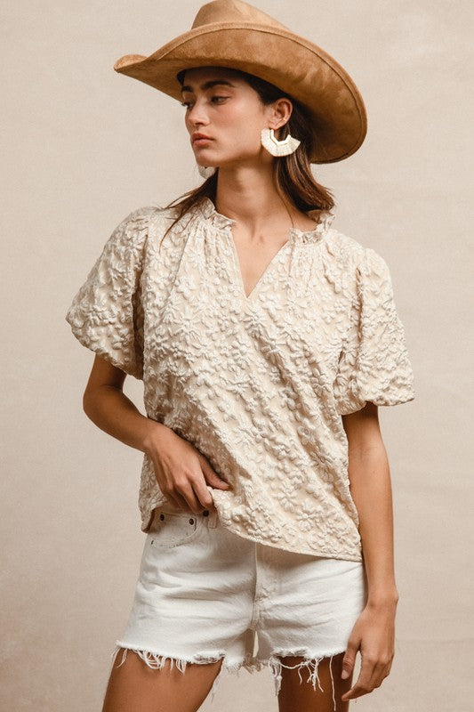 Floral Pattern Texture Short Balloon Sleeves