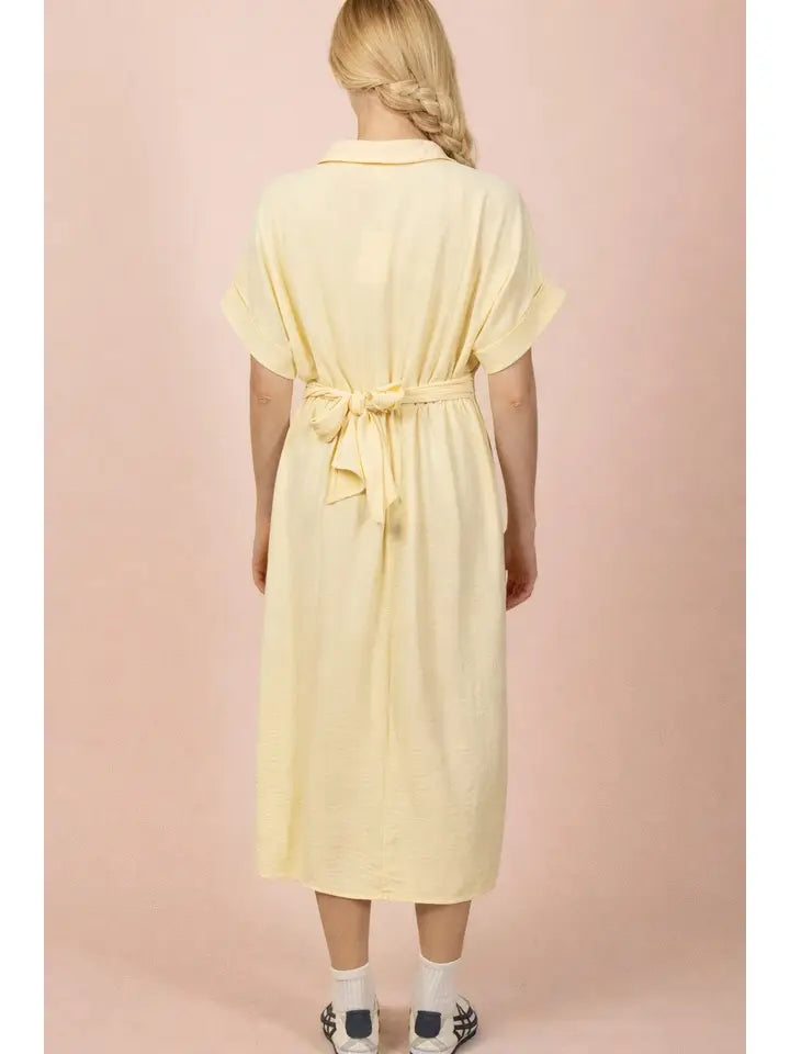 Shirring Detail Button Down Shirt Midi Dress