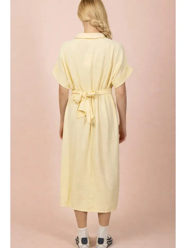 Shirring Detail Button Down Shirt Midi Dress