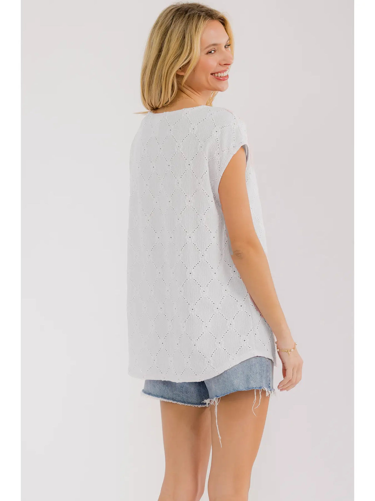 Diamond Eyelet Lace Cap Sleeve Top