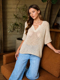 Split Neck Short Sleeve Sheer Crochet Knit Top