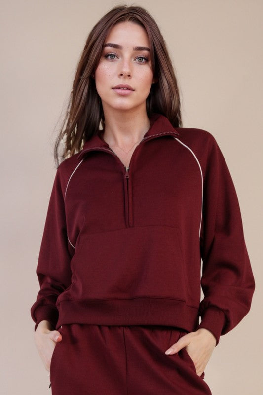 Half Zip Up Piping Detail Knit Casual Top
