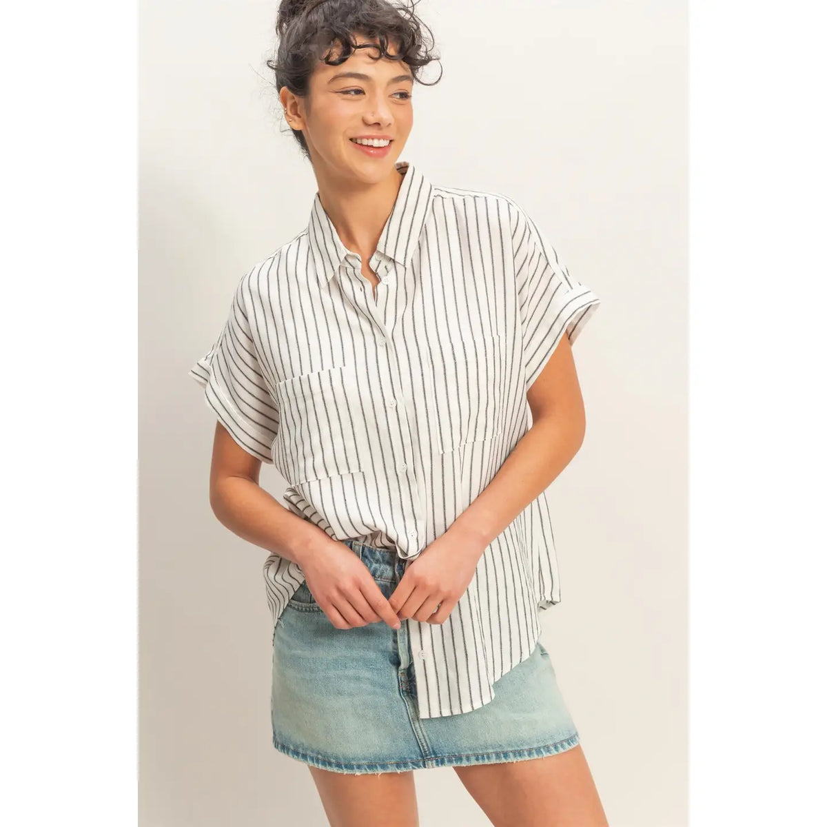 Striped Button-Up Dolman Sleeve Shirt