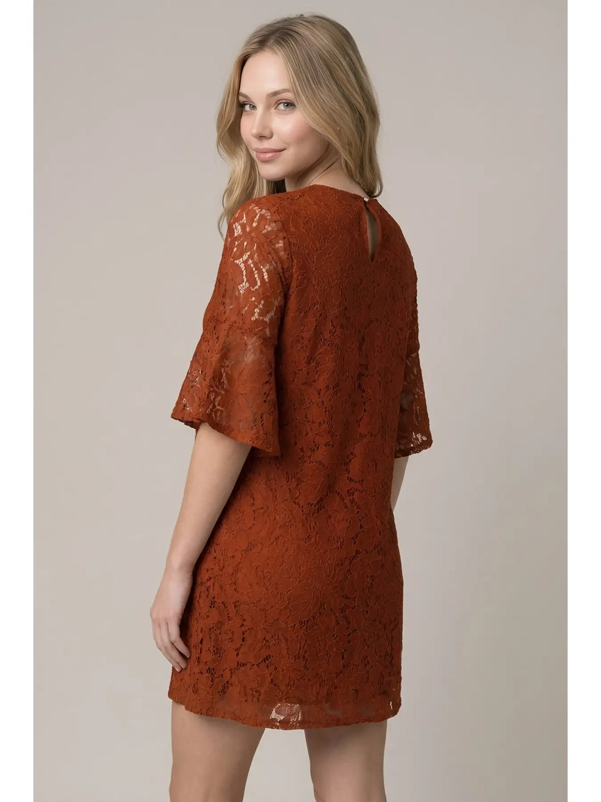 Lace Shift Dress w/ Flutted Sleeves