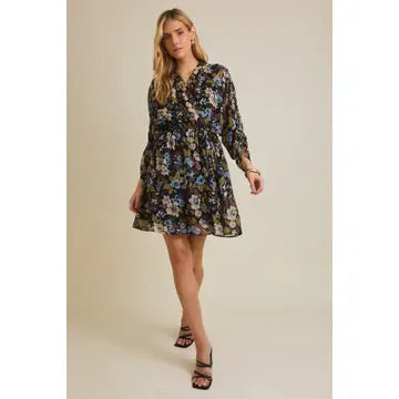 Surplice Shirring 3/4 Sleeve Plus Floral Dress