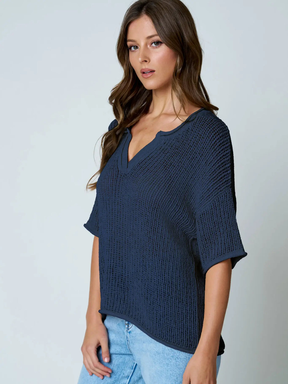 Split Neck Short Sleeve Sheer Crochet Knit Top