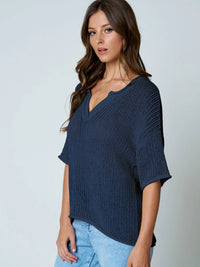 Split Neck Short Sleeve Sheer Crochet Knit Top