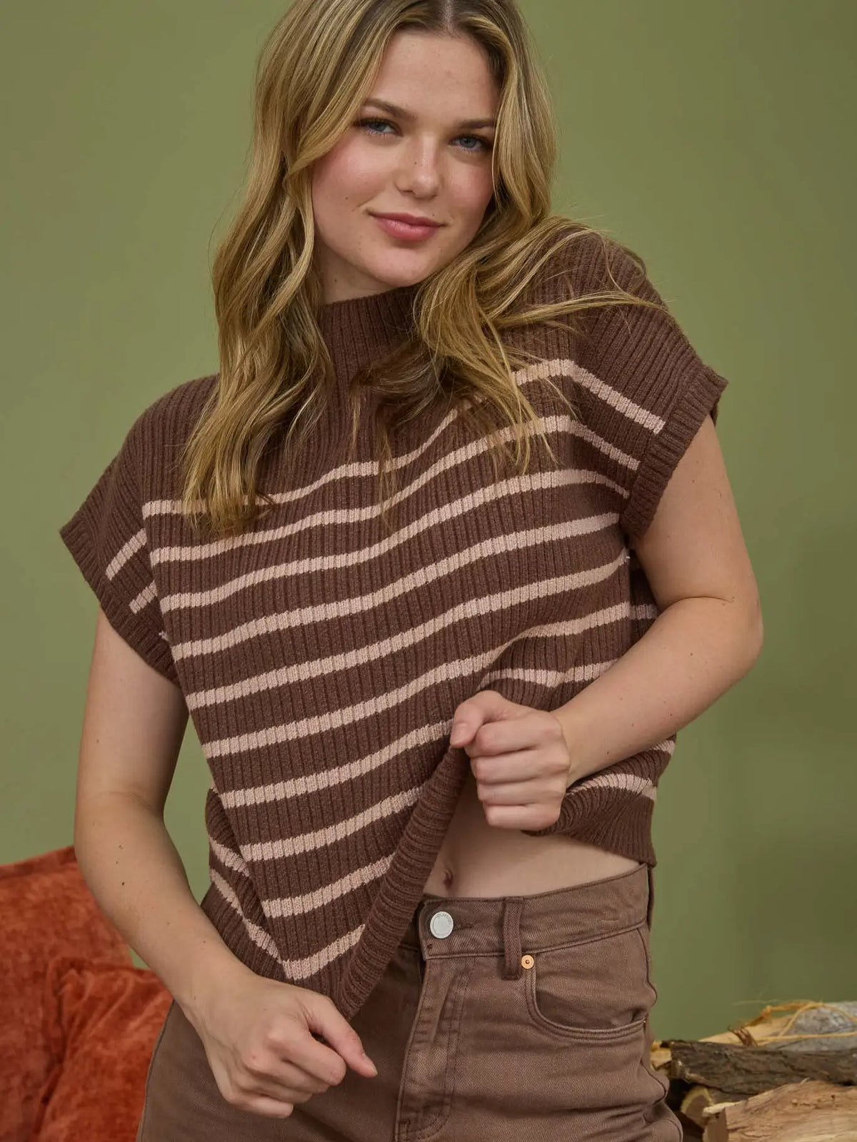 Stripe Mock Neck Short Sleeve Knit Sweater