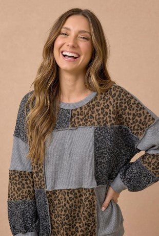 Mixed Print Patchwork Pullover Plus  Top