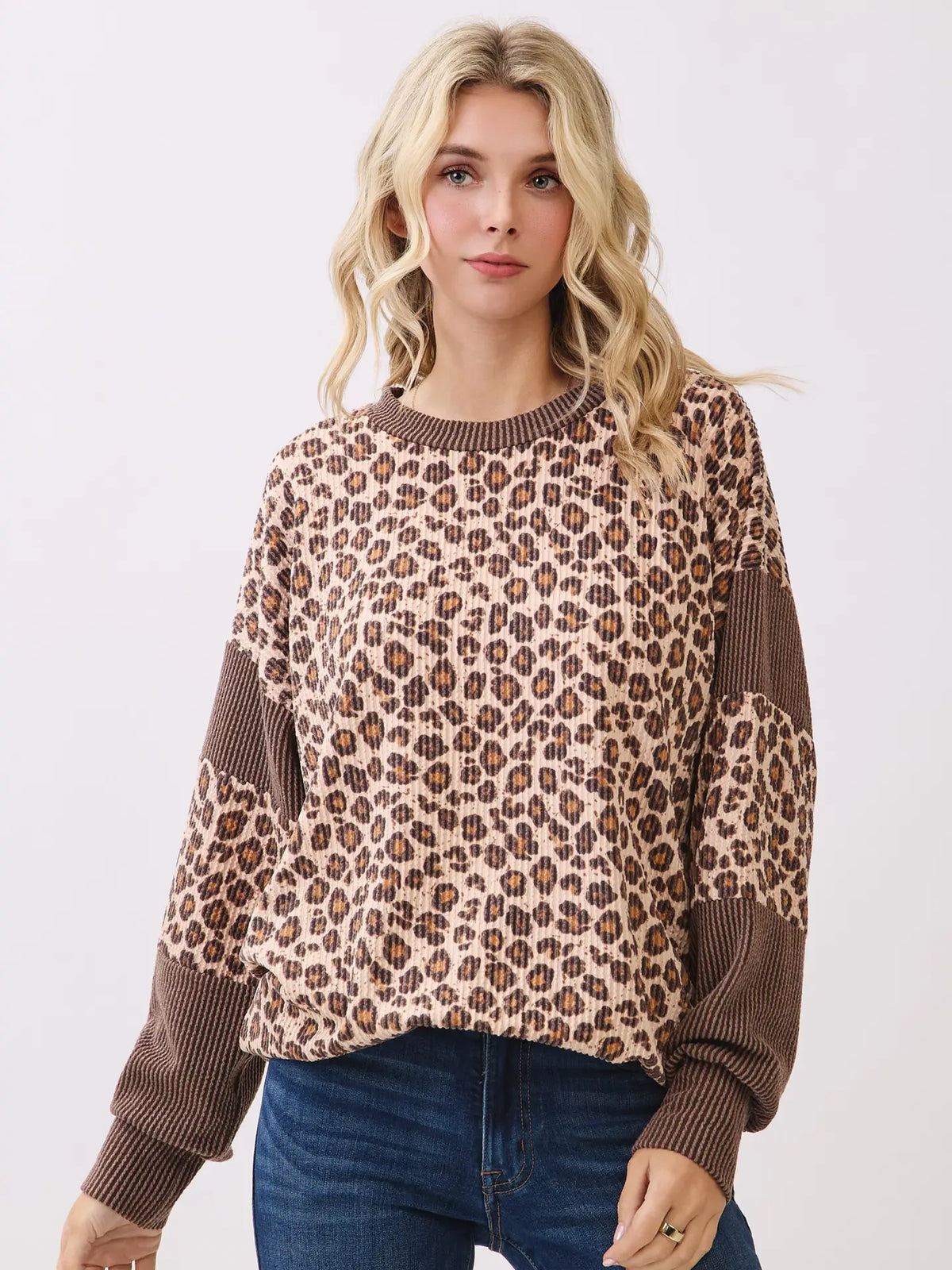 Leopard Print Drop Shoulder Pullover Sweatshirt
