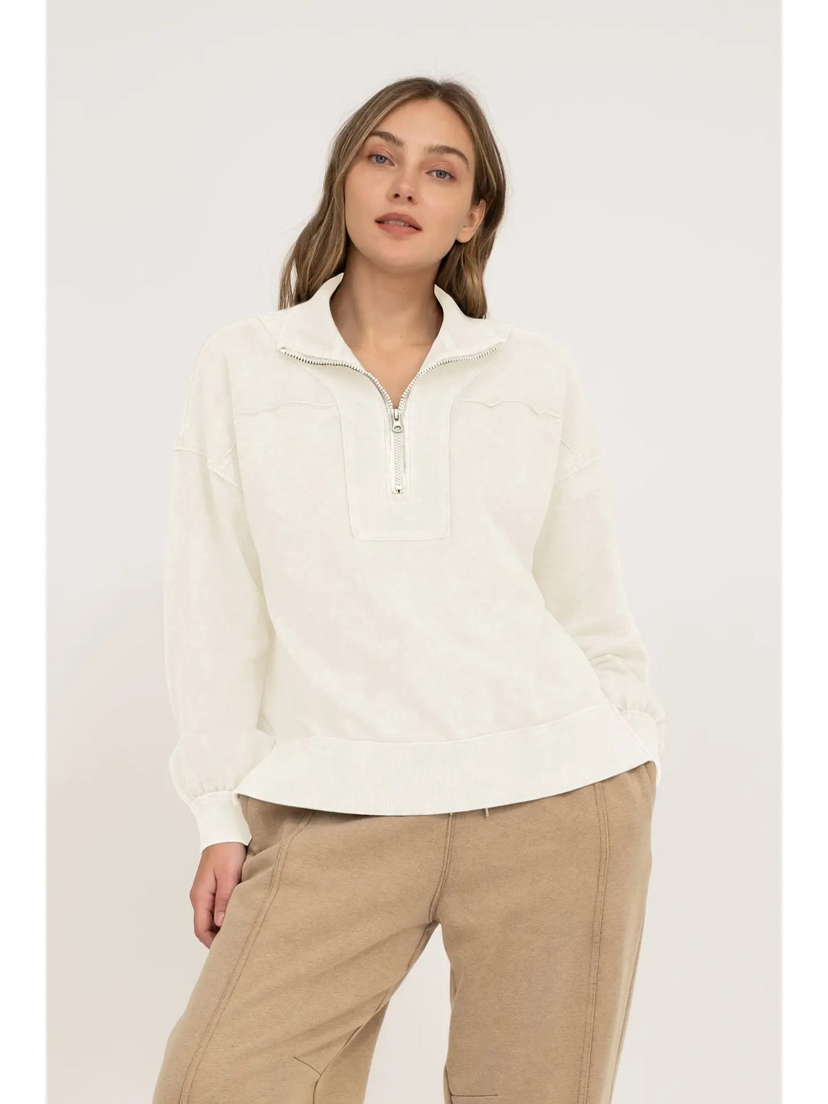 Washed Half Zip Ribbed Detail Long Sleeve Knit Top