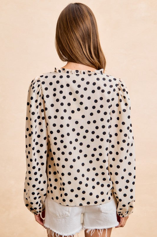 Polka Dot Balloon Sleeves Ruffled V-neck Top