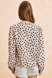 Polka Dot Balloon Sleeves Ruffled V-neck Top