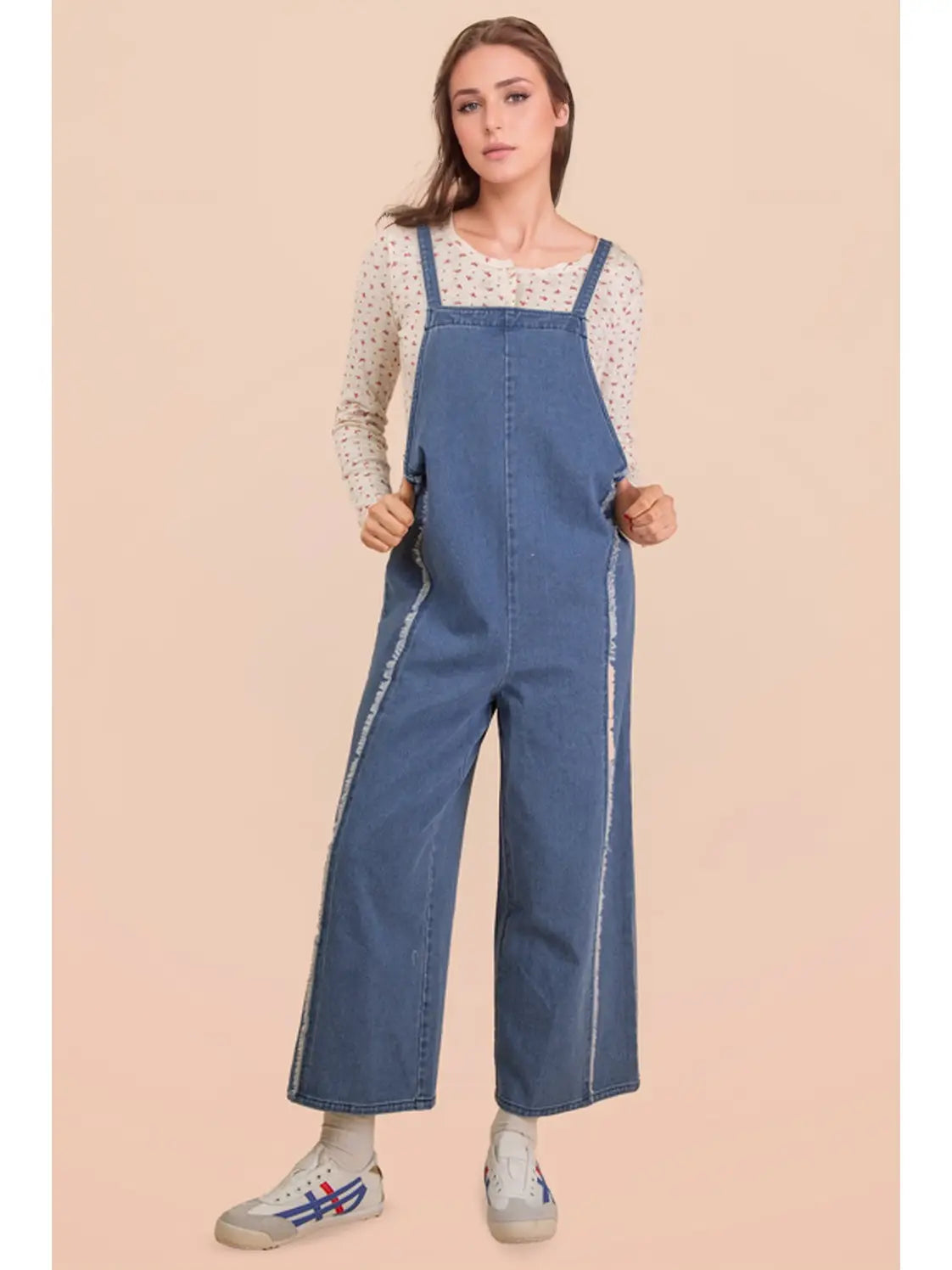 Frayed Detail Washed Denim Jumpsuit