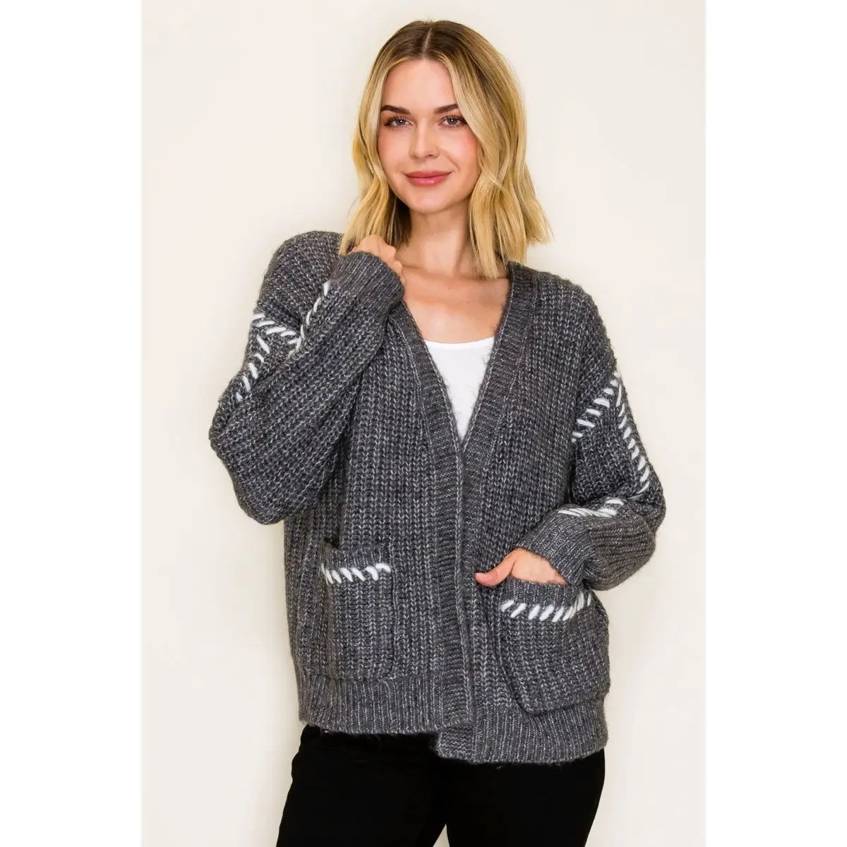 Color Contrast Stitched Sweater Cardigan