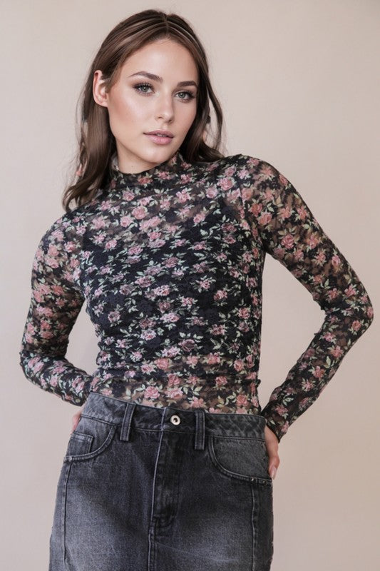 High Neck Fitted Sheer Mesh Lace Knit Top