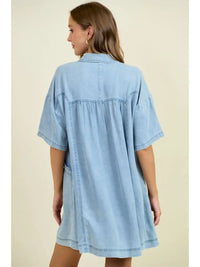 Denim Striped Pointed Yoke Seam Button Down Dress