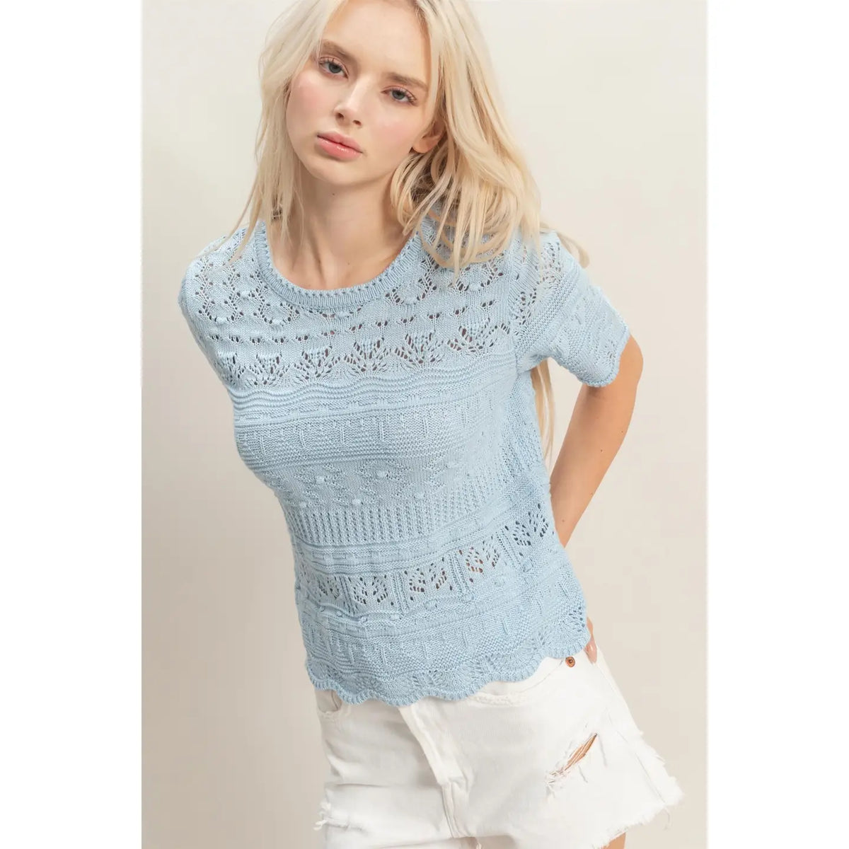 Textured Pointelle Knit Short Sleeve Top