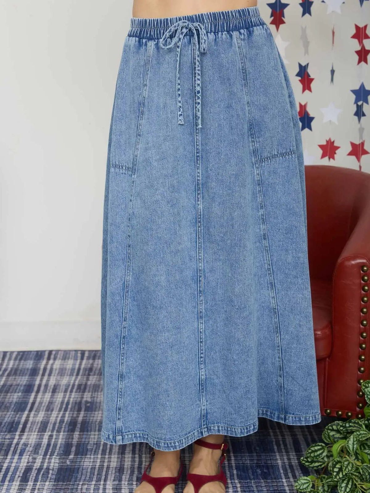 Washed Denim Elastic Waist Maxi Skirt