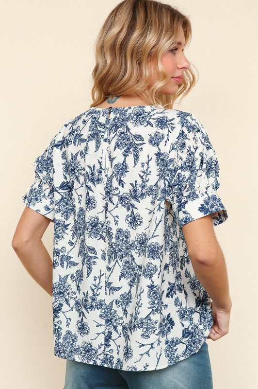 Floral Round Neck Button Detail Blouse