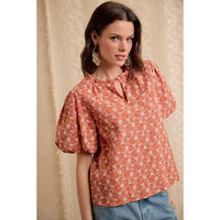 WOMEN RUST COTTON EYELET PUFF SLEEVE BLOUSE
