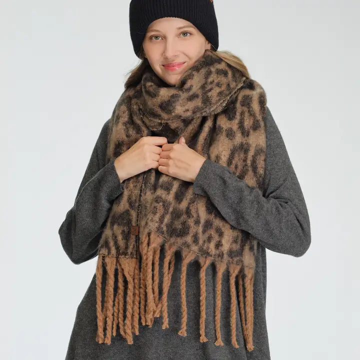 C.C Woven Leopard Pattern Print with Fringe Scarf