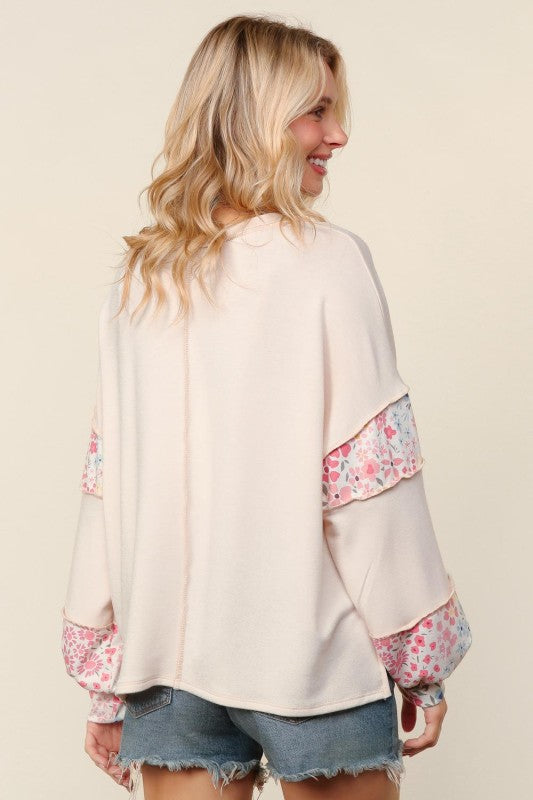 Round Neck Floral Print Color Block Pullover